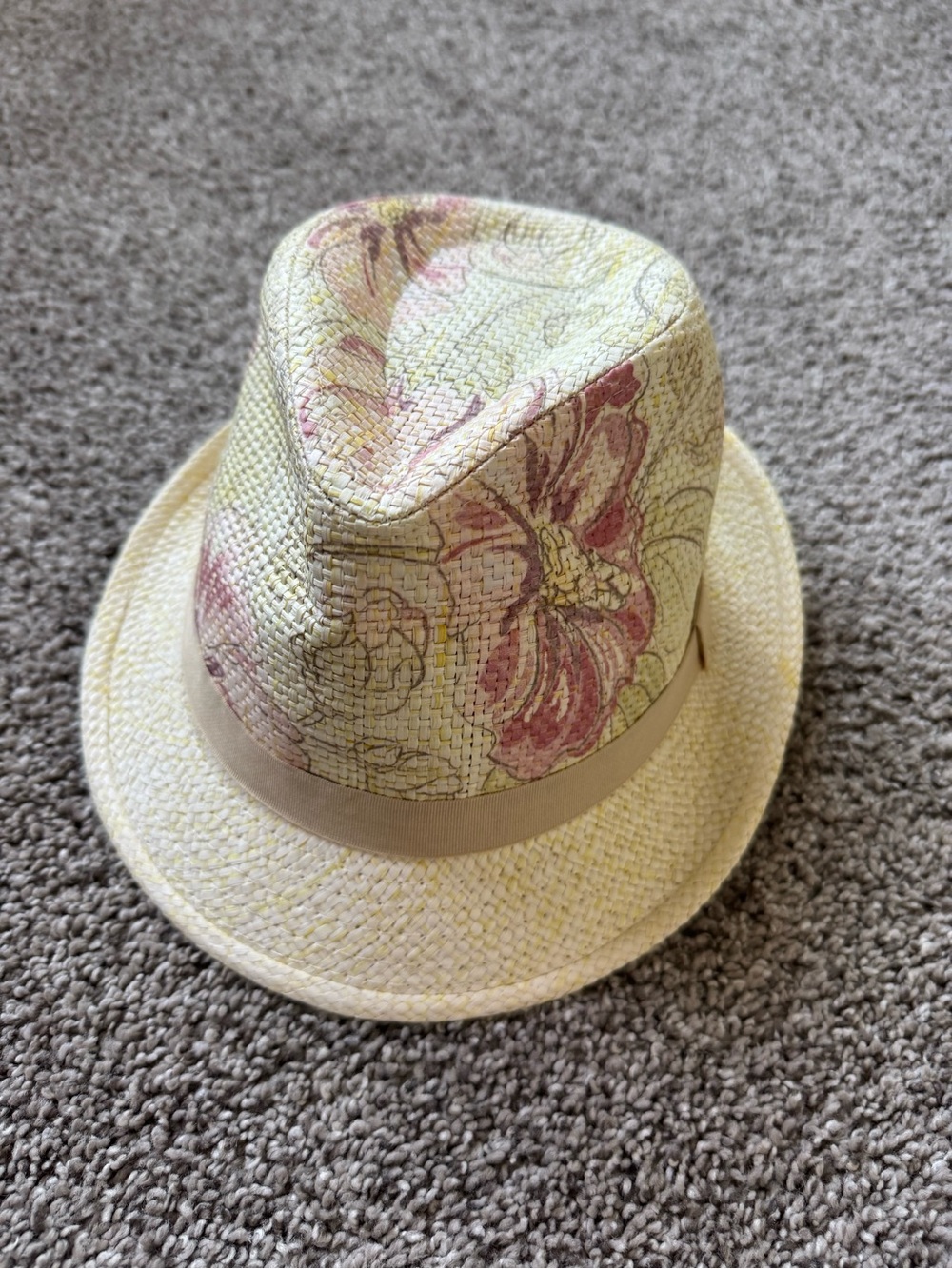 Floral Straw Fedora Hat in Cream and Pink